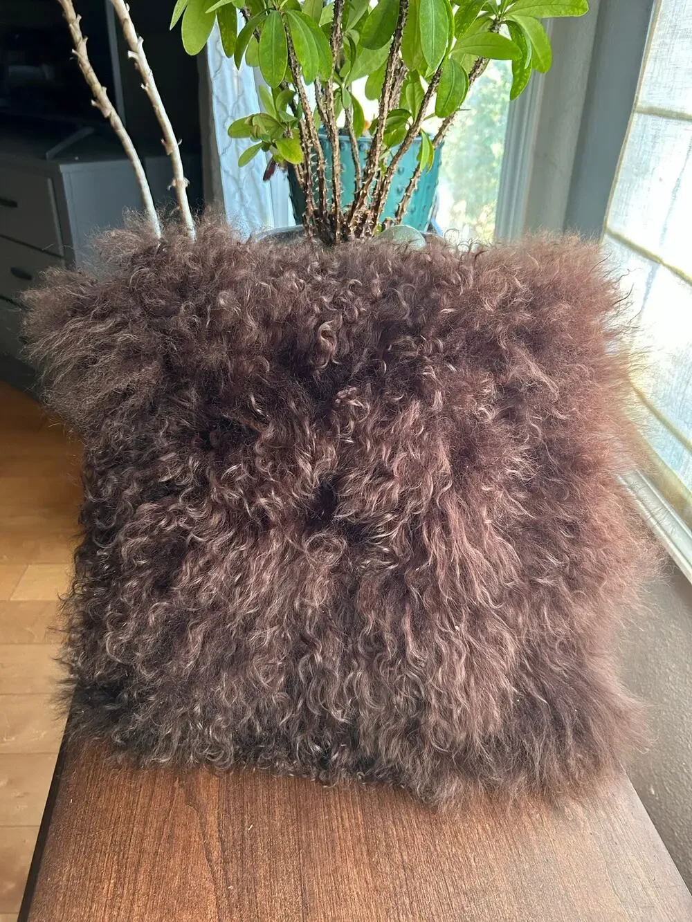 Luxe Mongolian Lamb Pillow Cover with down insert brown
